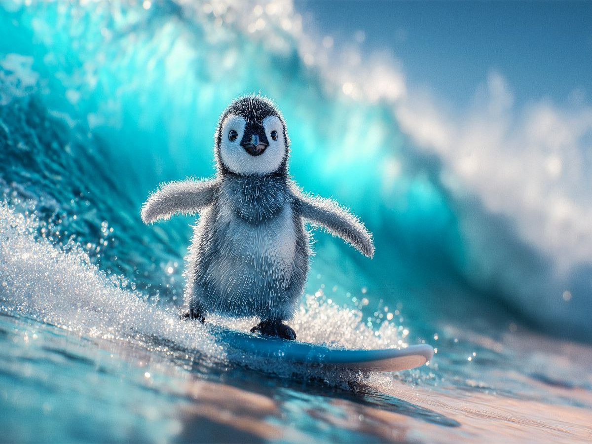 Pinguin stark auf dem Surfbrett