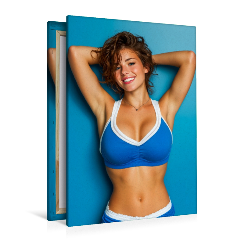 Sexy Frau in sportlichem Bikini vor blauem Hintergrund