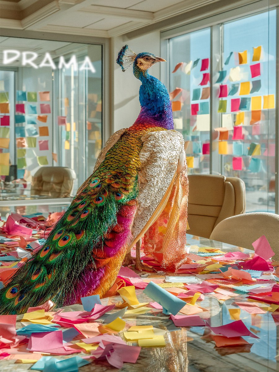 Tierpuzzle mit Pfau in einem Büro - die Dramaqueen unter den Federtieren sorgt für buntes Chaos