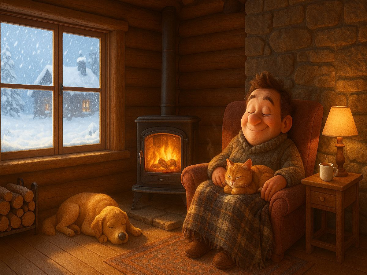 Kuschelinger Kamin mit Hund und Katze