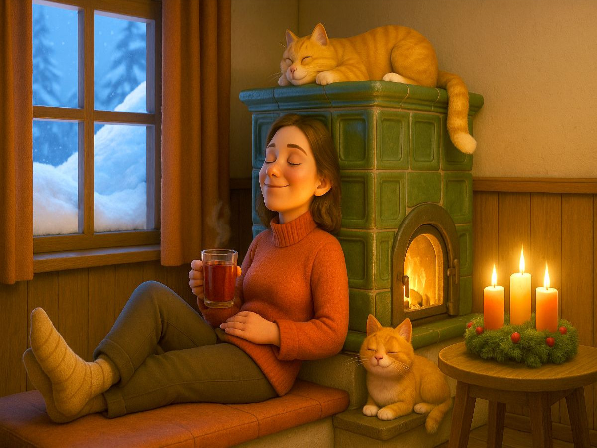Der geliebte Kachelofen mit Katzen im Winter