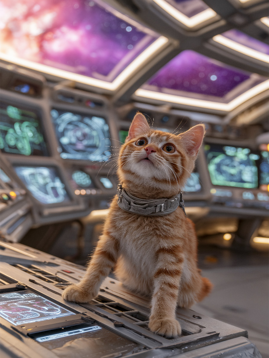 Katze als Captain im Raumschiff mit Blick ins All