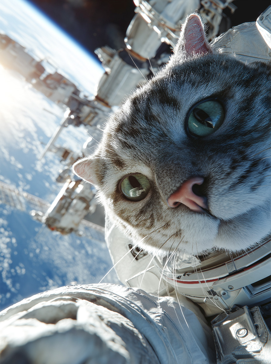 Katze als Astronaut vor Raumstation im Weltall