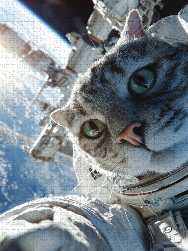 Katze als Astronaut vor Raumstation im Weltall