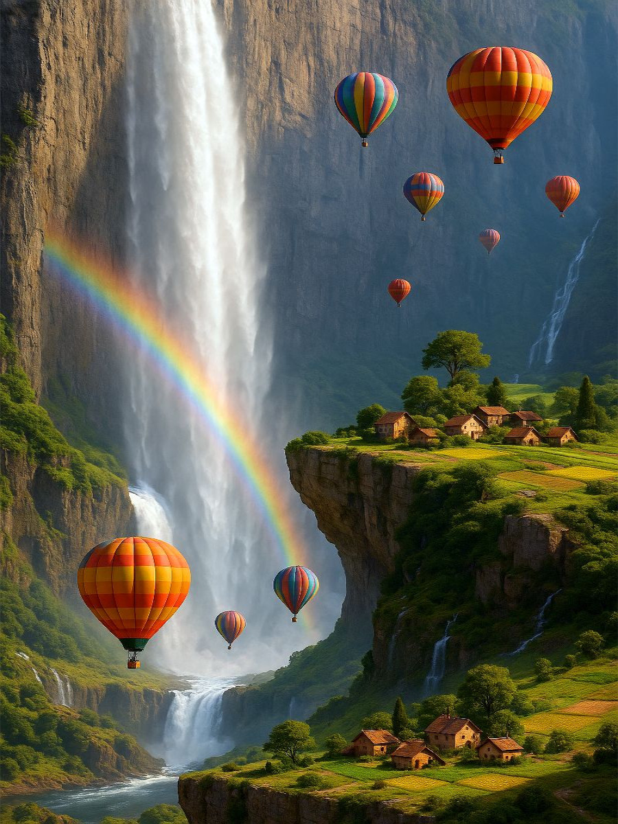 Aufsteigen am Regenbogen entlang - Heißluftballons in surrealer Landschaft