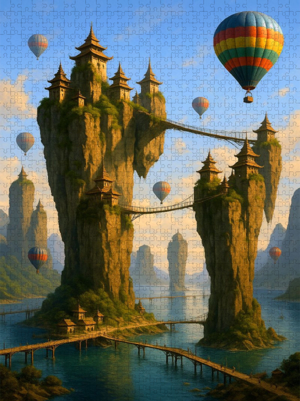 Besuch in der Klippenstadt - Heißluftballons in Fantasy Landschaft