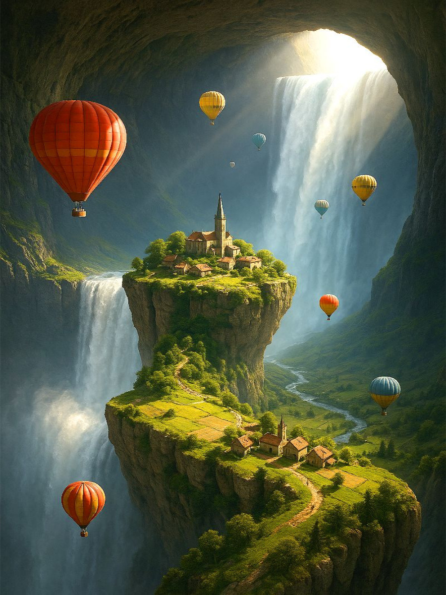 Leben inmitten des Wasserfalls - Heißluftballons in einer surrealen Landschaft
