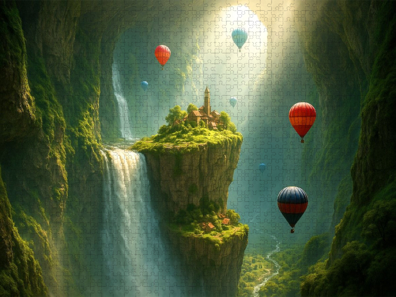 Aufbruch am Wasserfall entlang - Heißluftballons in einer riesigen Höhle