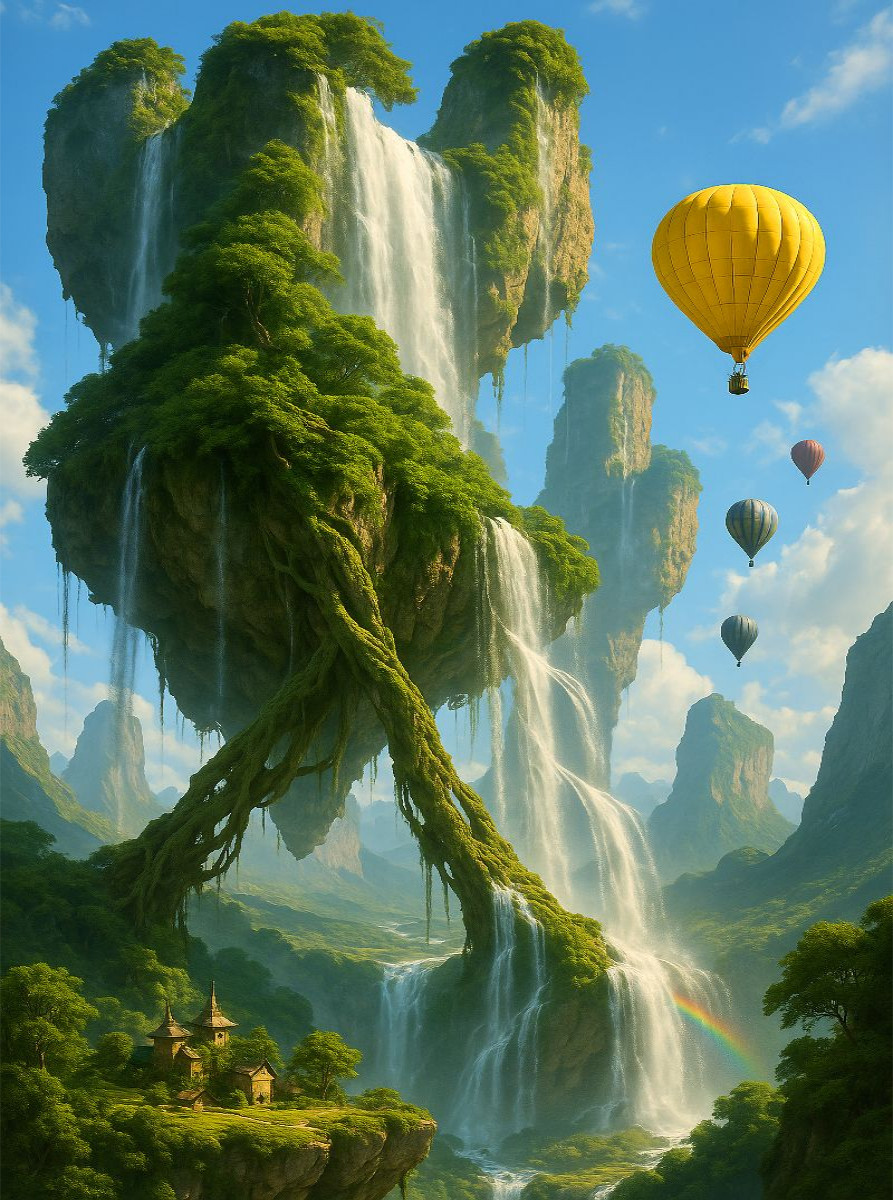 Verankerte Felsen - Heißluftballons über schwebenden Felsen