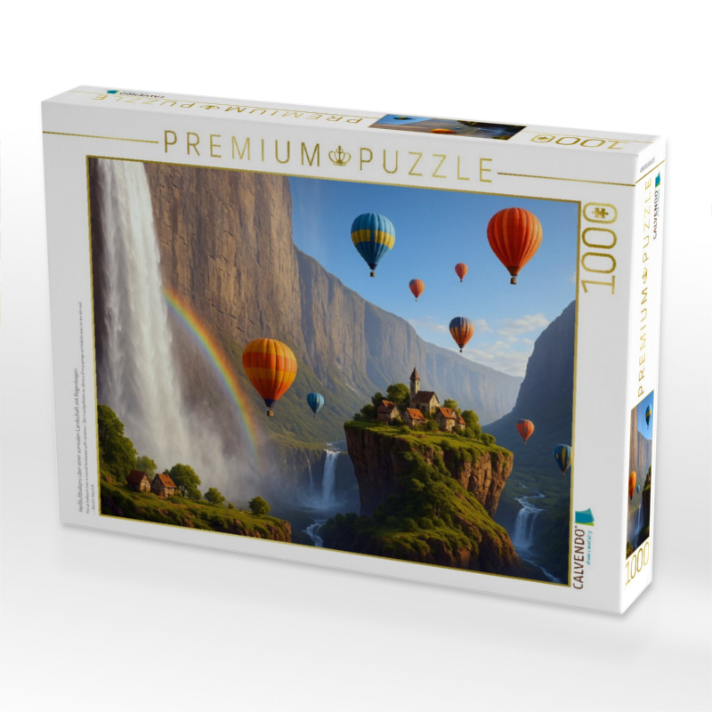 Heißluftballons über einer surrealen Landschaft mit Regenbogen