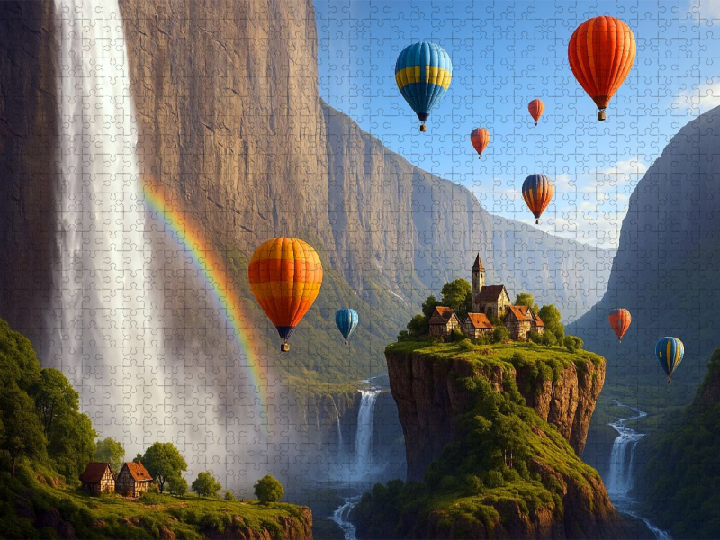 Heißluftballons über einer surrealen Landschaft mit Regenbogen