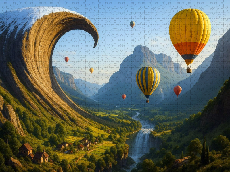 Wellenwand im Frühling - Heißluftballons über einer surrealen Landschaft