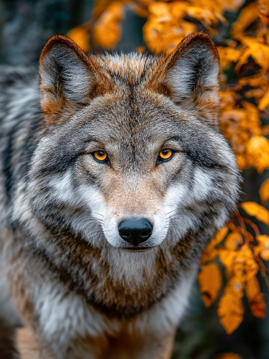 Great Plains Wolf mit intensivem Blick im Herbstwald