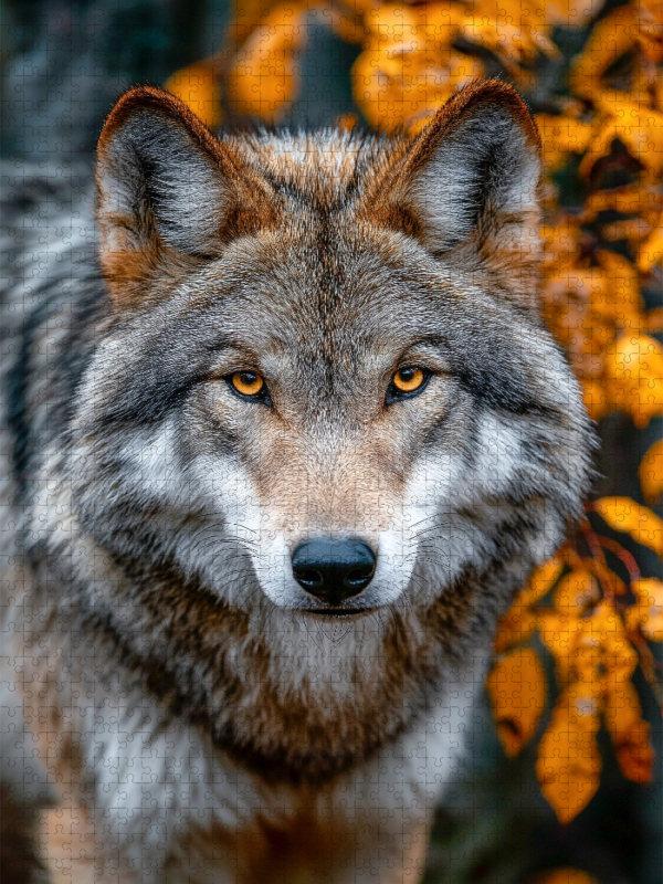 Great Plains Wolf mit intensivem Blick im Herbstwald