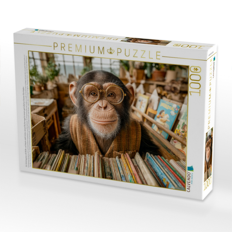 Ein Schimpanse mit Brille und Weste steht hinter einem Bücherregal in einem gemütlichen kleinen Buchladen