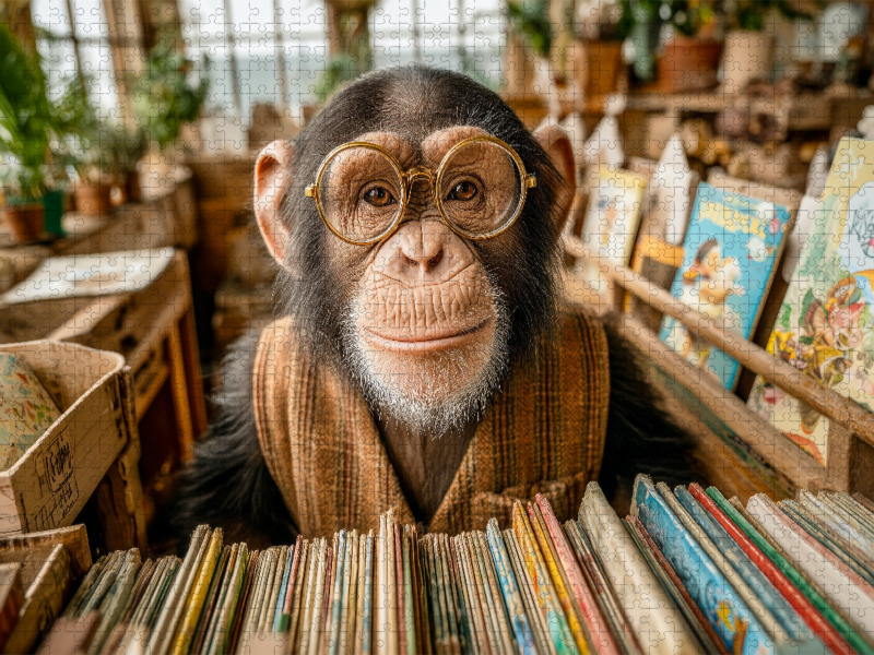 Ein Schimpanse mit Brille und Weste steht hinter einem Bücherregal in einem gemütlichen kleinen Buchladen