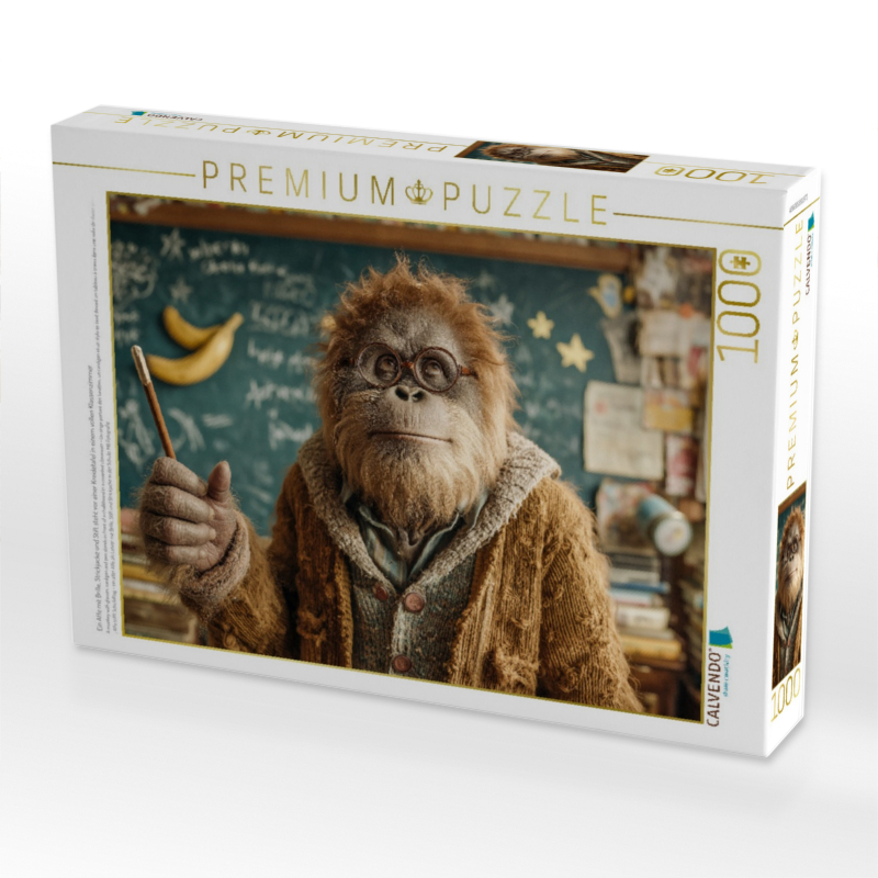 Ein Affe mit Brille, Strickjacke und Stift steht vor einer Kreidetafel in einem vollen Klassenzimmer