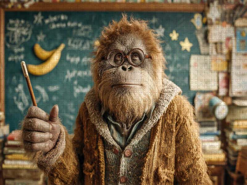 Ein Affe mit Brille, Strickjacke und Stift steht vor einer Kreidetafel in einem vollen Klassenzimmer