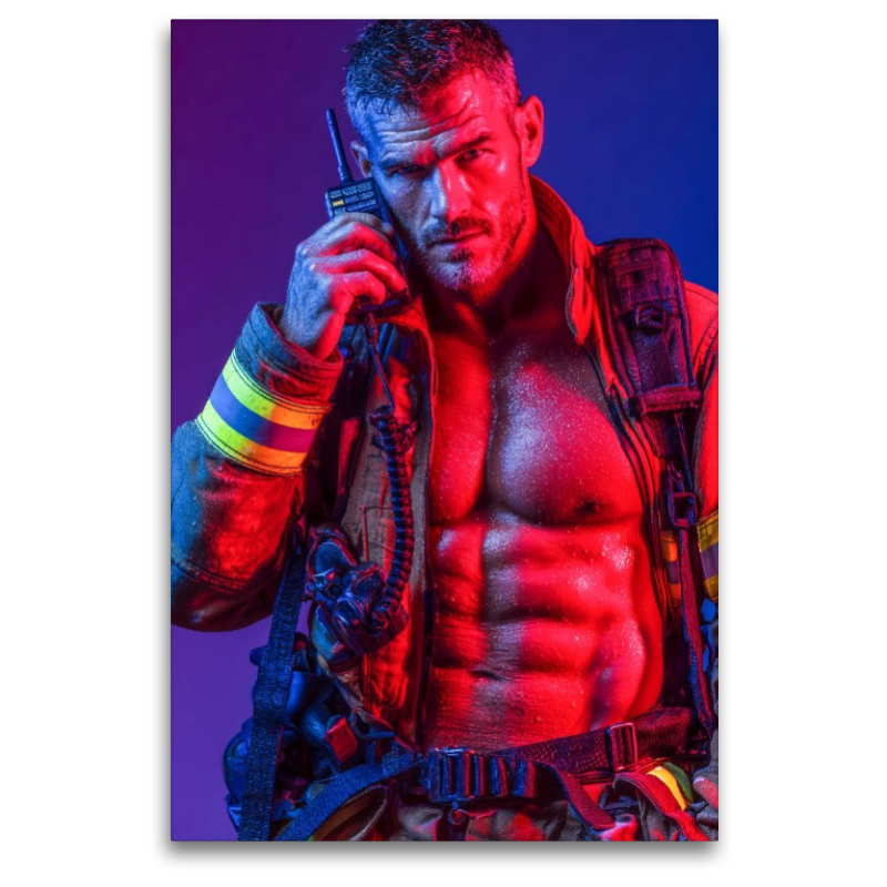 Sexy Feuerwehrmann mit freiem Oberkörper und Funkgerät