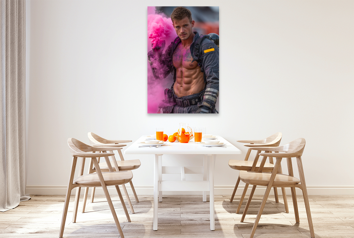 Sexy Feuerwehrmann mit Sixpack im pinken Rauch