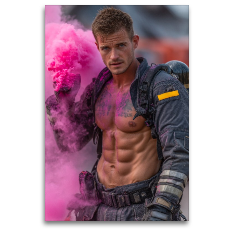Sexy Feuerwehrmann mit Sixpack im pinken Rauch