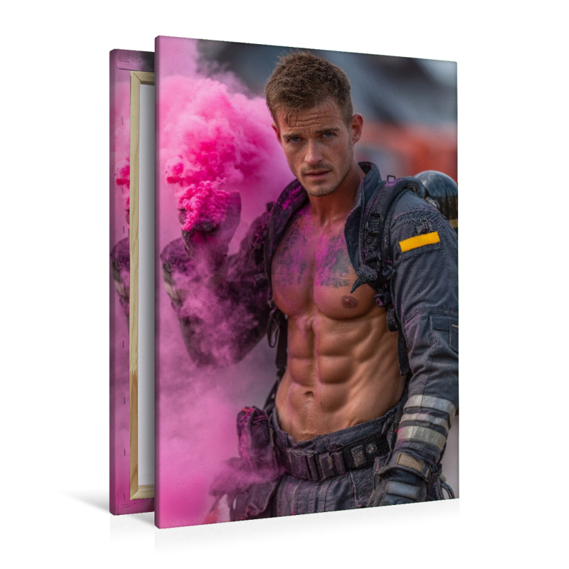 Sexy Feuerwehrmann mit Sixpack im pinken Rauch
