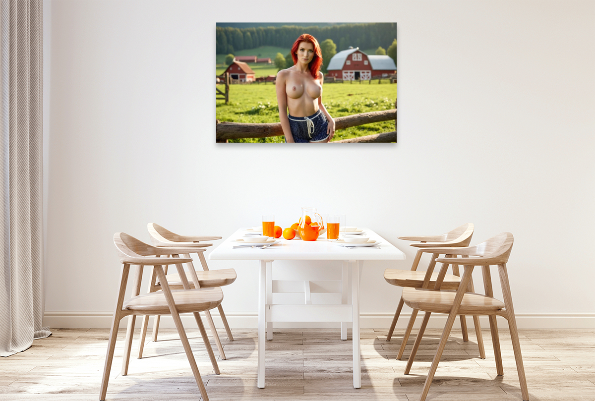 Nackte Frau mit Busen am Bauernhof in ländlicher Idylle