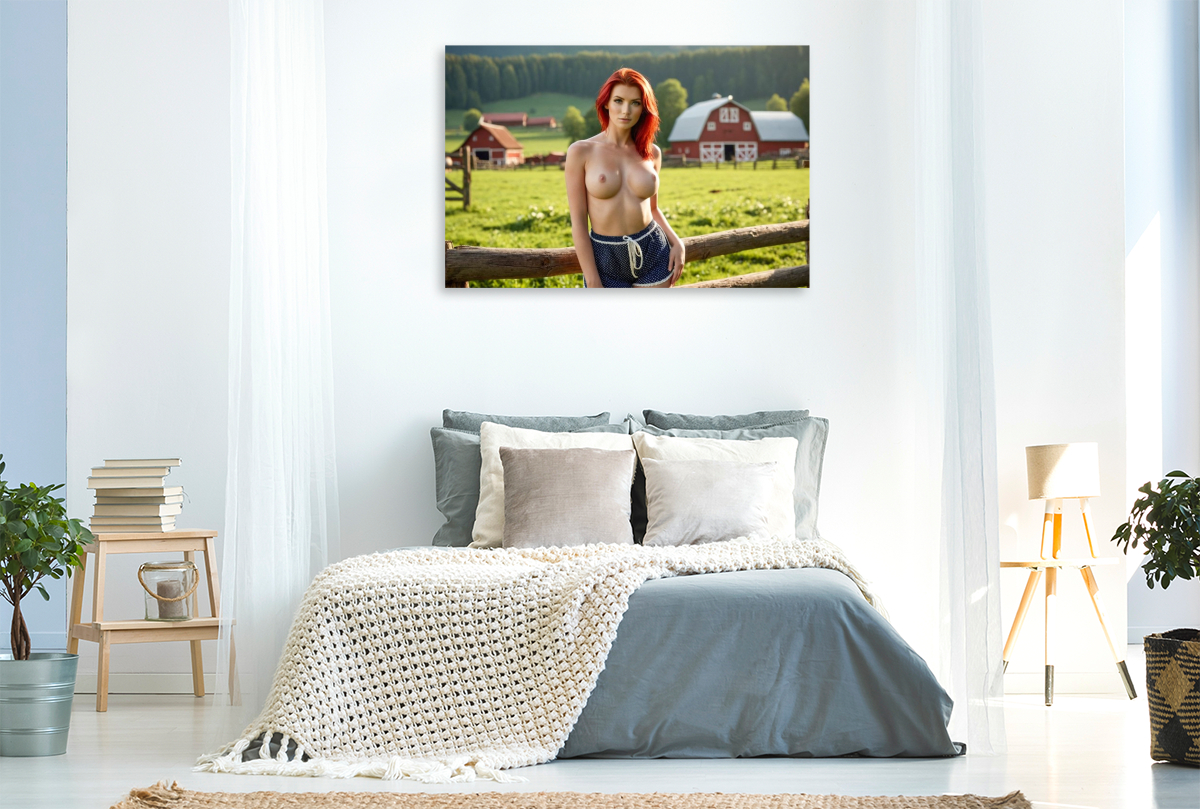 Nackte Frau mit Busen am Bauernhof in ländlicher Idylle