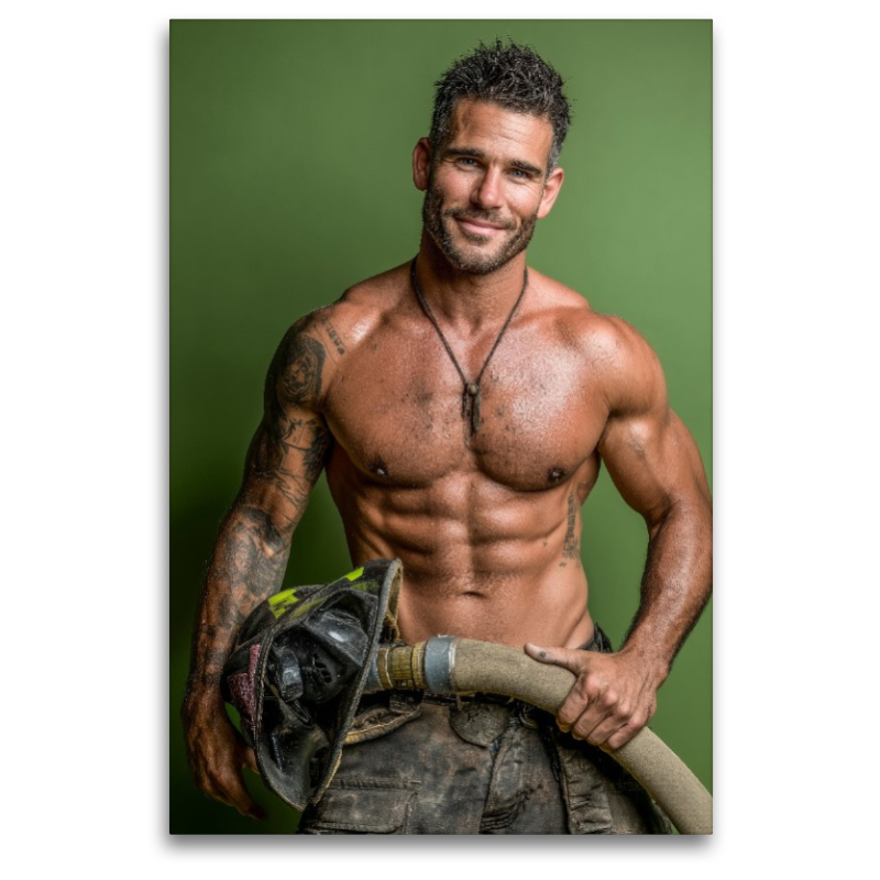 Sexy Feuerwehrmann mit freiem Oberkörper und Feuerwehrschlauch
