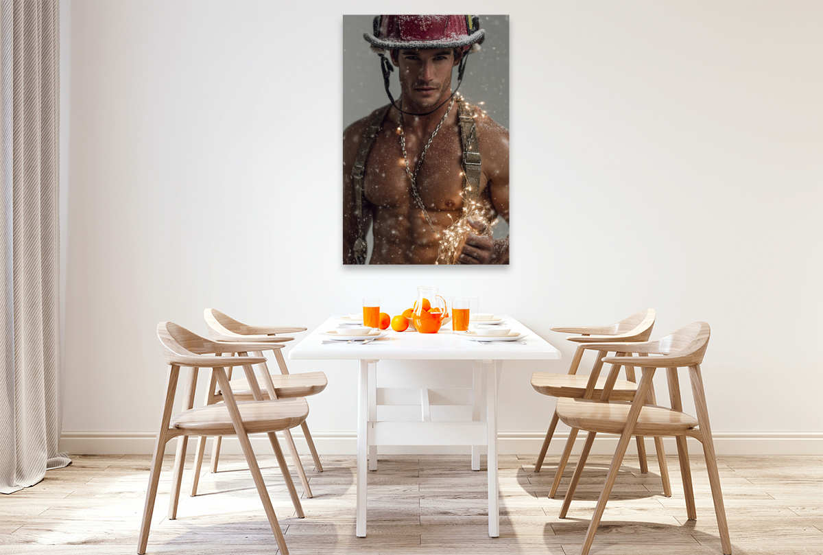 Sexy Feuerwehrmann mit nacktem Oberkörper und Lichterkette