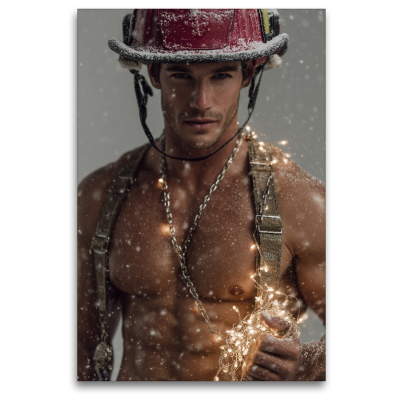 Sexy Feuerwehrmann mit nacktem Oberkörper und Lichterkette