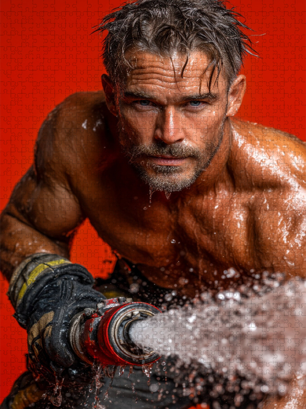 Sexy Feuerwehrmann im Einsatz mit Wasserschlauch