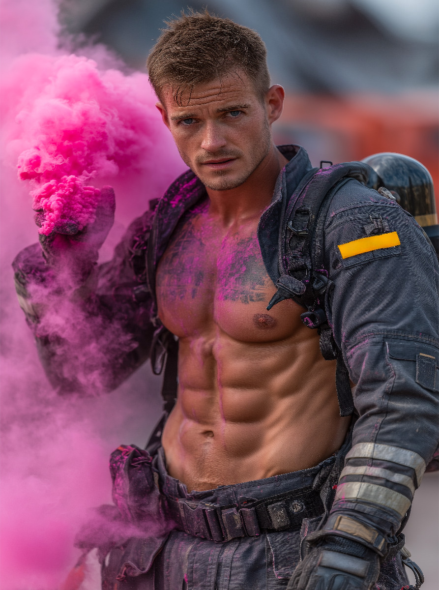 Sexy Feuerwehrmann mit Sixpack im pinken Rauch