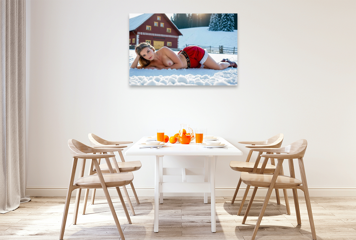 Sexy nackte Bäuerin mit Brüsten im Schnee vor Bauernhaus