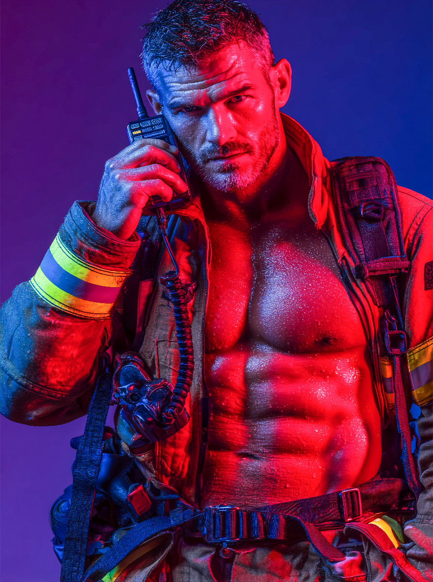 Sexy Feuerwehrmann mit freiem Oberkörper und Funkgerät