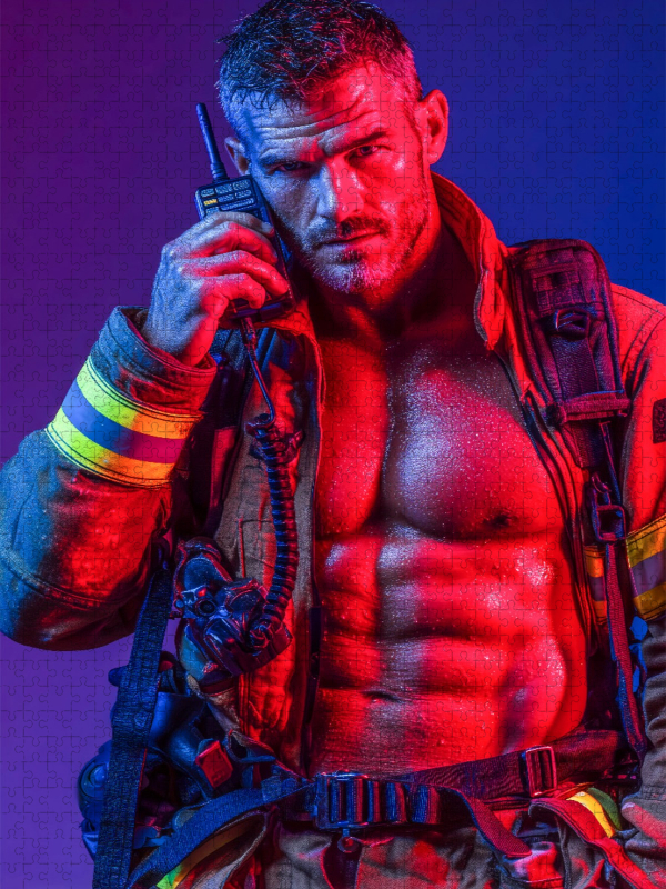 Sexy Feuerwehrmann mit freiem Oberkörper und Funkgerät