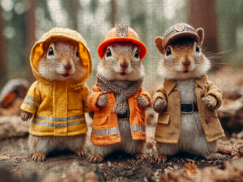 Drei Eichhörnchen in Arbeitskleidung im Wald