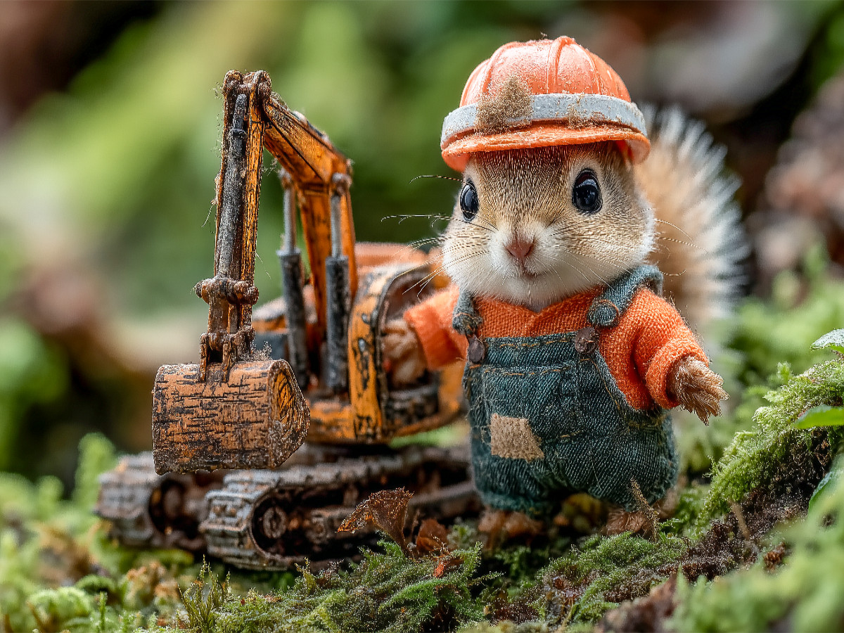 Eichhörnchen als Bauarbeiter auf der Baustelle