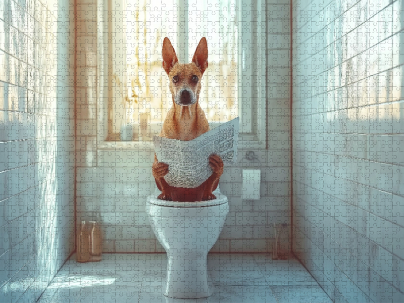 Kackender Hund mit Zeitung - Morgenroutine mit Stil