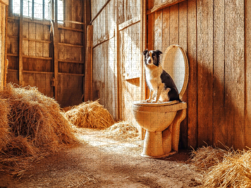 Kackender Hund im Stall - Lustiger Aussie auf dem stillen Örtchen