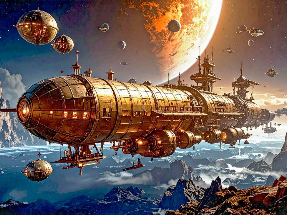 Gigaliner IX wird von kugelförmigen Lotsenschiffen durch die Atmosphäre begleitet.