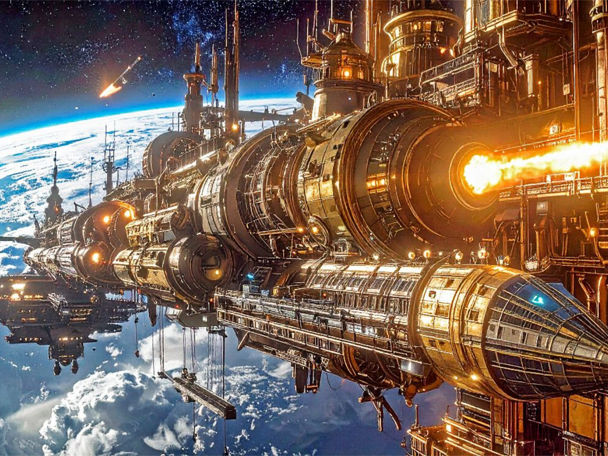 Düsentests von Raumschiffen auf einer Spacewerft im Orbit