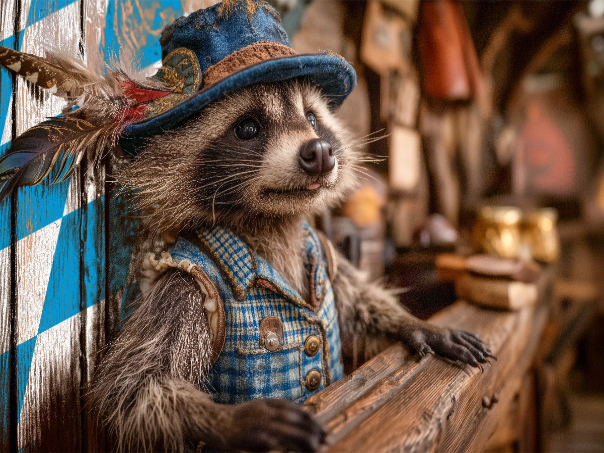 Bayerischer Waschbär in Tracht hinter rustikalem Tresen