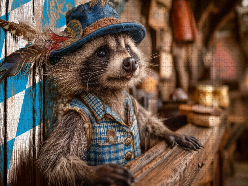 Bayerischer Waschbär in Tracht hinter rustikalem Tresen