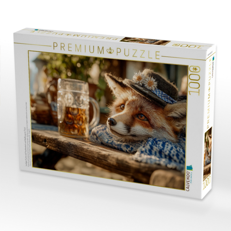 Lustiger Fuchs mit Trachtenhut und Maßkrug am Tisch