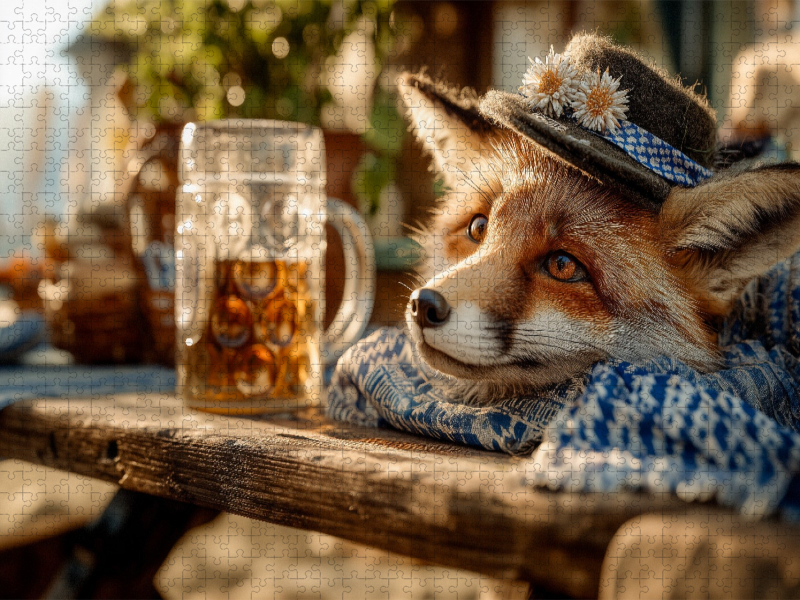 Lustiger Fuchs mit Trachtenhut und Maßkrug am Tisch