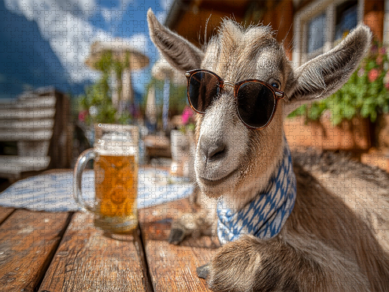 Ziege mit Sonnenbrille im bayerischen Biergarten
