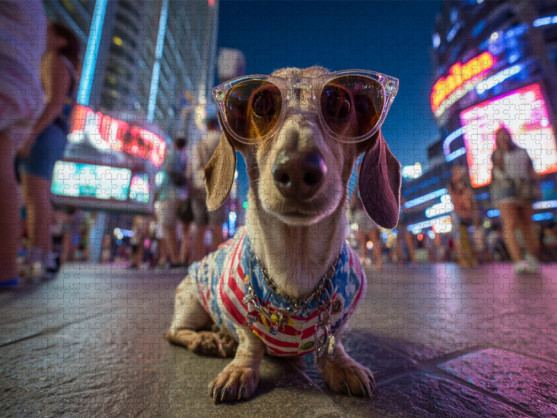 Dackel bei Nacht in Las Vegas - lustiges Hundepuzzle mit USA-Flair