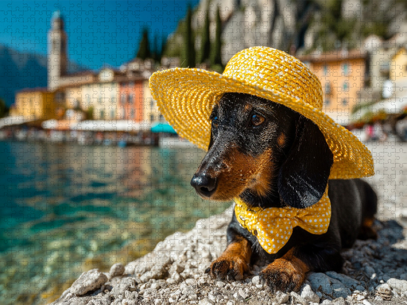 Ein Dackel genießt den Sommer am Gardasee in Italien