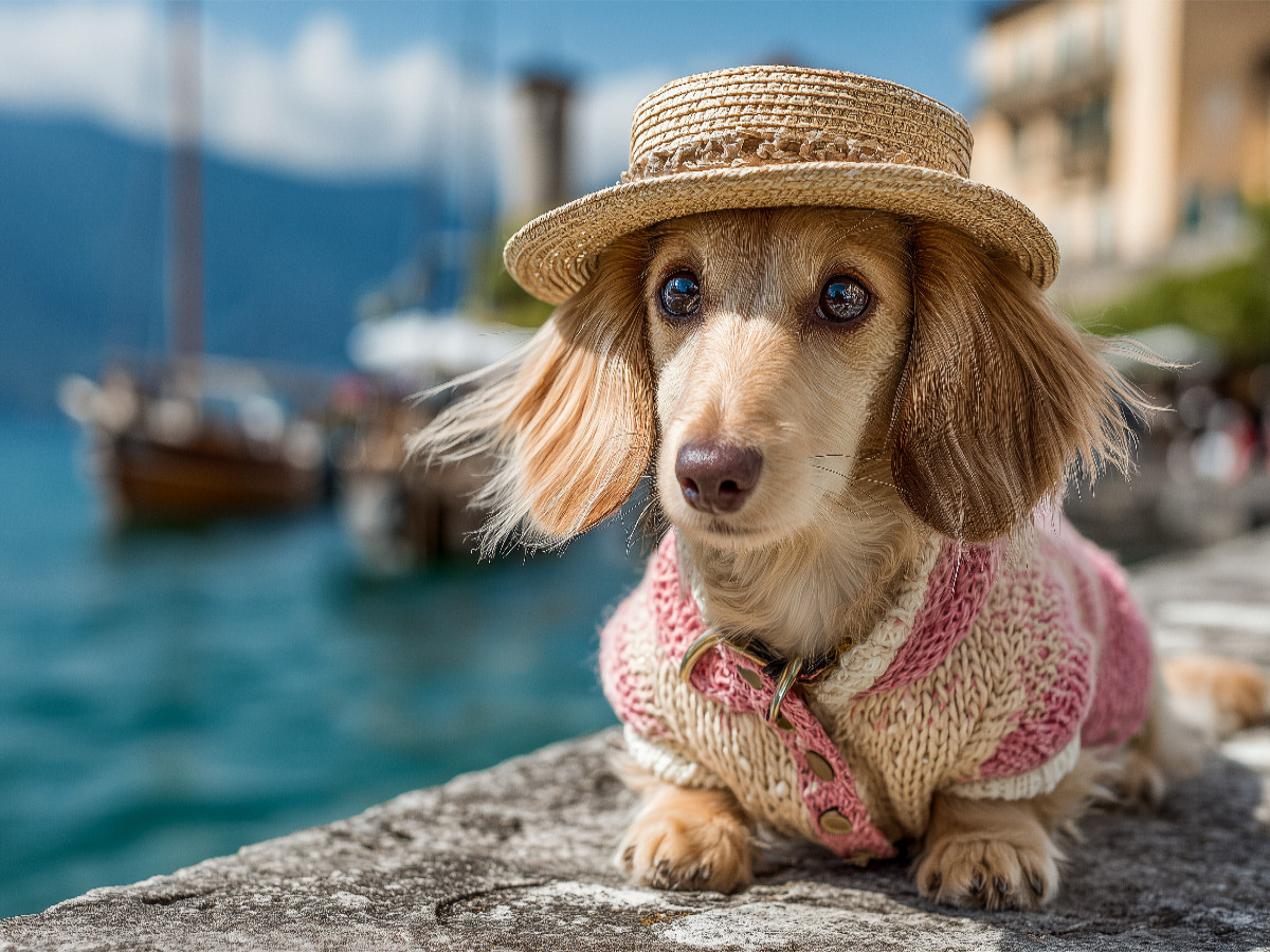 Ein liebevoller Dackel mit Hut am Gardasee - ein charmantes Hundepuzzle für Erwachsene und alle, die Dackel lieben.